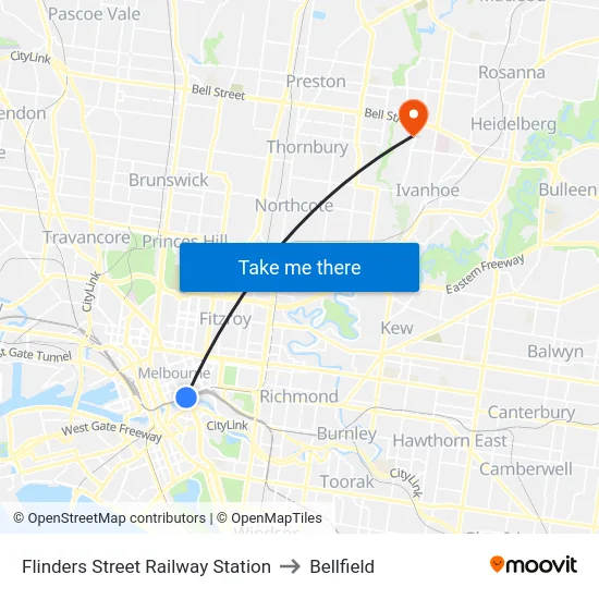 Flinders Street Railway Station to Bellfield map