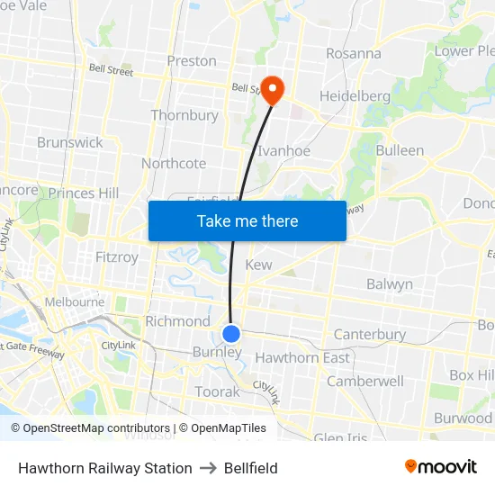 Hawthorn Railway Station to Bellfield map