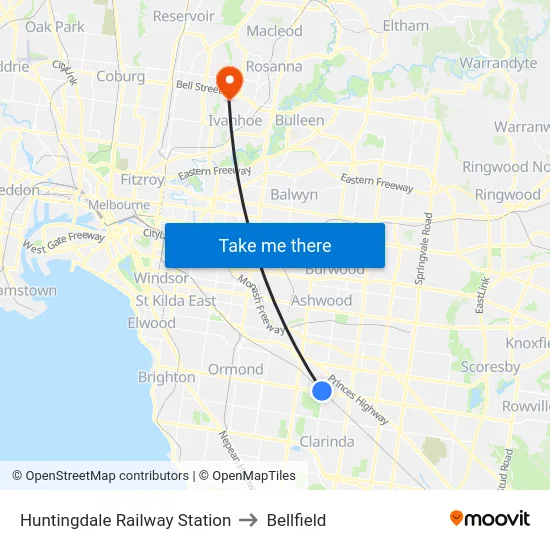Huntingdale Railway Station to Bellfield map