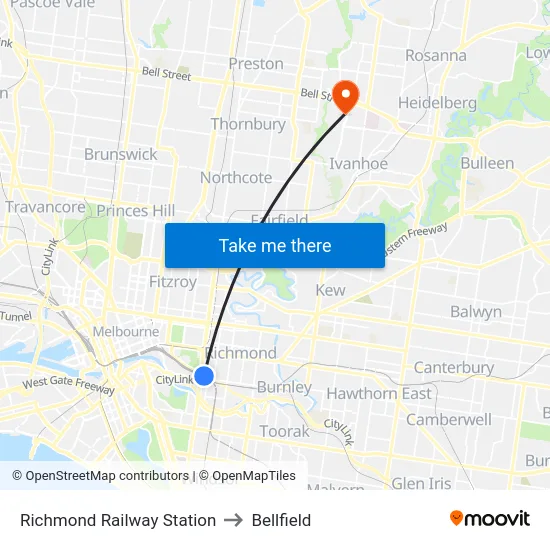 Richmond Railway Station to Bellfield map
