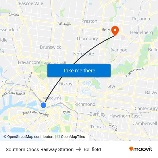 Southern Cross Railway Station to Bellfield map