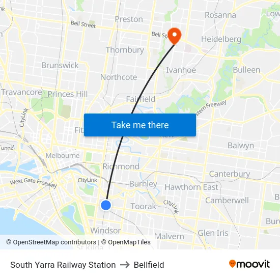 South Yarra Railway Station to Bellfield map