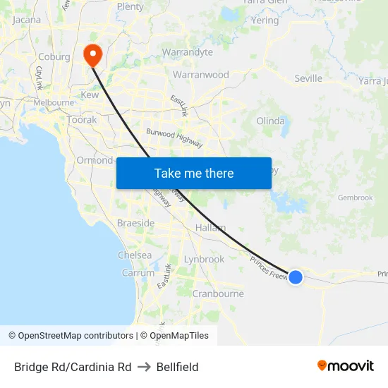 Bridge Rd/Cardinia Rd to Bellfield map