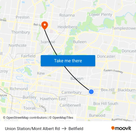 Union Station/Mont Albert Rd to Bellfield map