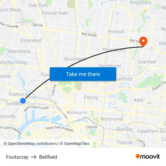Footscray to Bellfield map