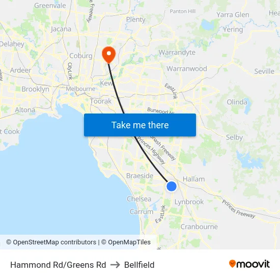Hammond Rd/Greens Rd to Bellfield map