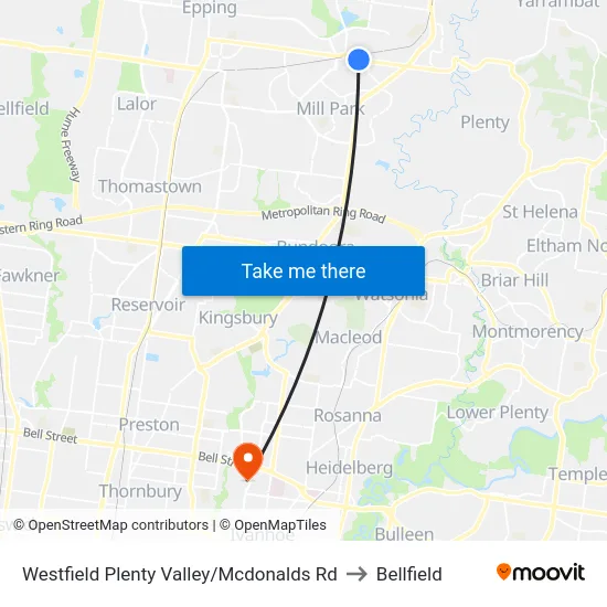 Westfield Plenty Valley/Mcdonalds Rd to Bellfield map