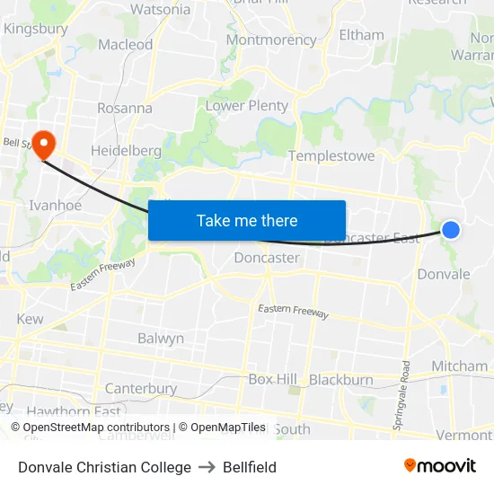 Donvale Christian College to Bellfield map