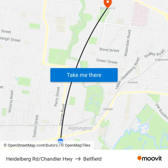 Heidelberg Rd/Chandler Hwy to Bellfield map