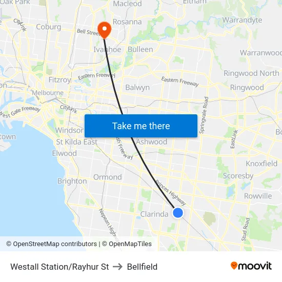 Westall Station/Rayhur St to Bellfield map