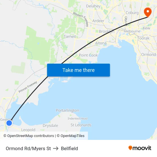 Ormond Rd/Myers St to Bellfield map