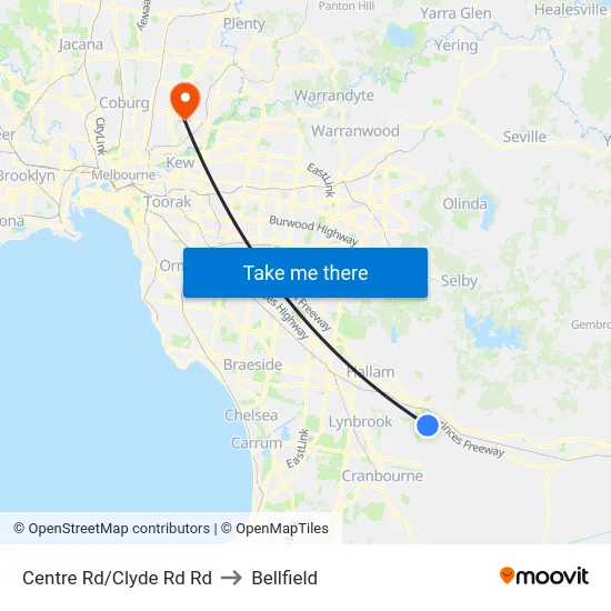 Centre Rd/Clyde Rd Rd to Bellfield map