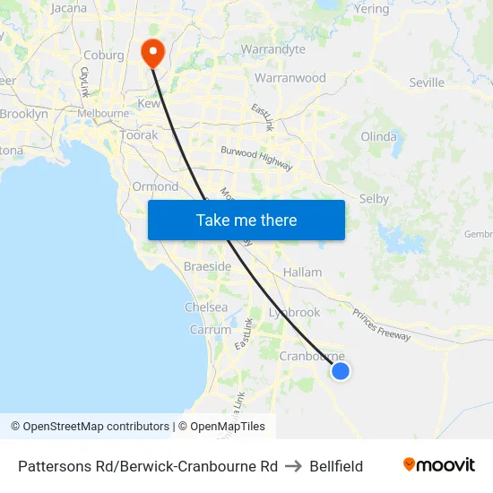 Pattersons Rd/Berwick-Cranbourne Rd to Bellfield map