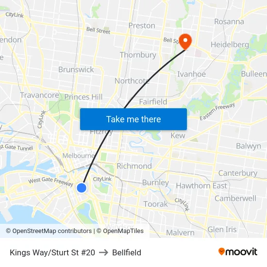 Kings Way/Sturt St #20 to Bellfield map