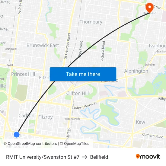 RMIT University/Swanston St #7 to Bellfield map