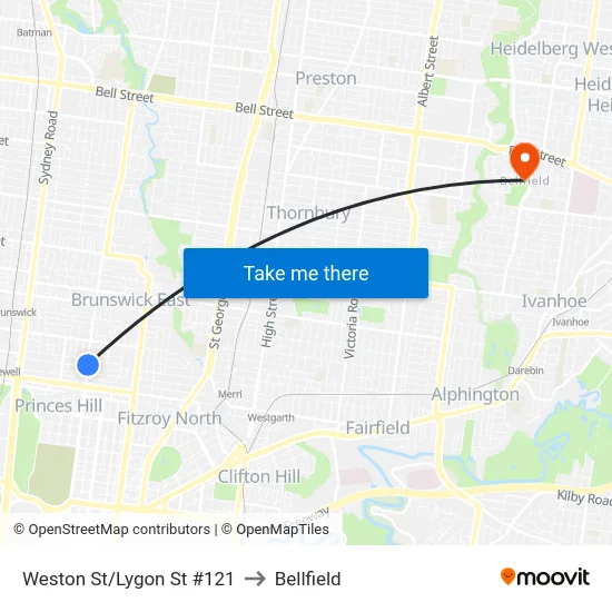 Weston St/Lygon St #121 to Bellfield map