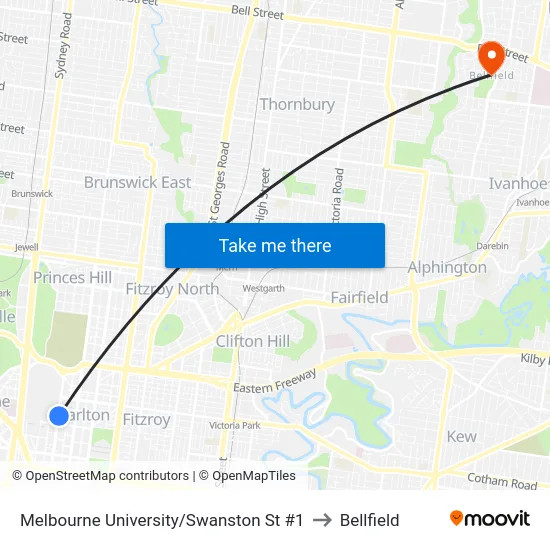 Melbourne University/Swanston St #1 to Bellfield map