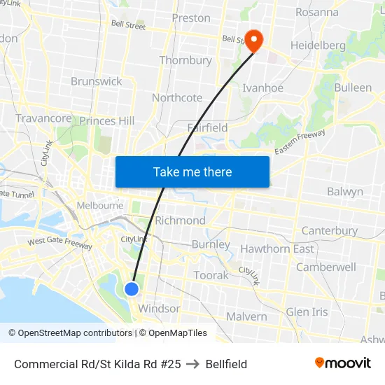 Commercial Rd/St Kilda Rd #25 to Bellfield map