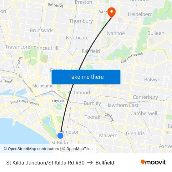 St Kilda Junction/St Kilda Rd #30 to Bellfield map