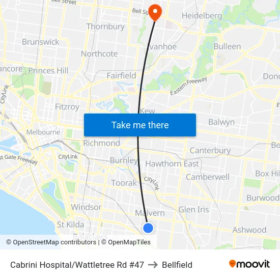 Cabrini Hospital/Wattletree Rd #47 to Bellfield map