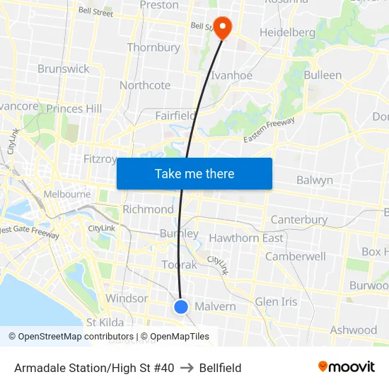 Armadale Station/High St #40 to Bellfield map