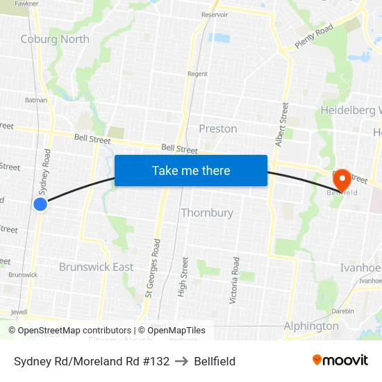 Sydney Rd/Moreland Rd #132 to Bellfield map