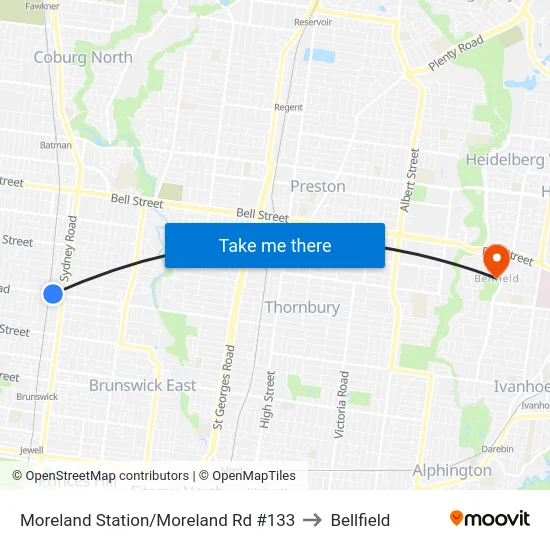Moreland Station/Moreland Rd #133 to Bellfield map