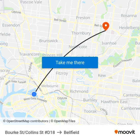 Bourke St/Collins St #D18 to Bellfield map