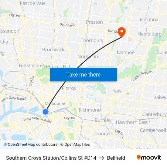 Southern Cross Station/Collins St #D14 to Bellfield map