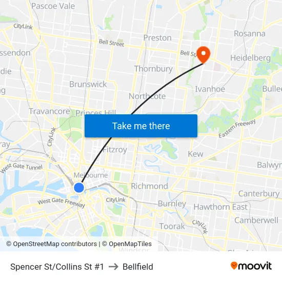 Spencer St/Collins St #1 to Bellfield map