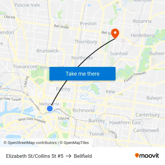 Elizabeth St/Collins St #5 to Bellfield map