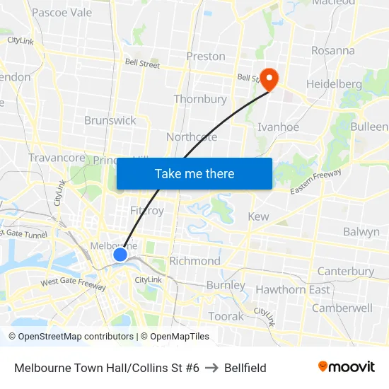 Melbourne Town Hall/Collins St #6 to Bellfield map