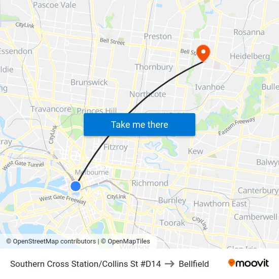 Southern Cross Station/Collins St #D14 to Bellfield map