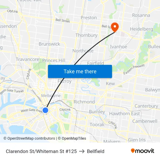 Clarendon St/Whiteman St #125 to Bellfield map