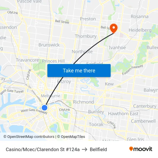 Casino/Mcec/Clarendon St #124a to Bellfield map