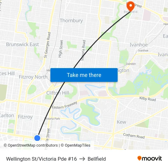 Wellington St/Victoria Pde #16 to Bellfield map