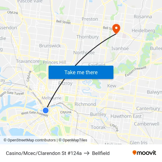 Casino/Mcec/Clarendon St #124a to Bellfield map