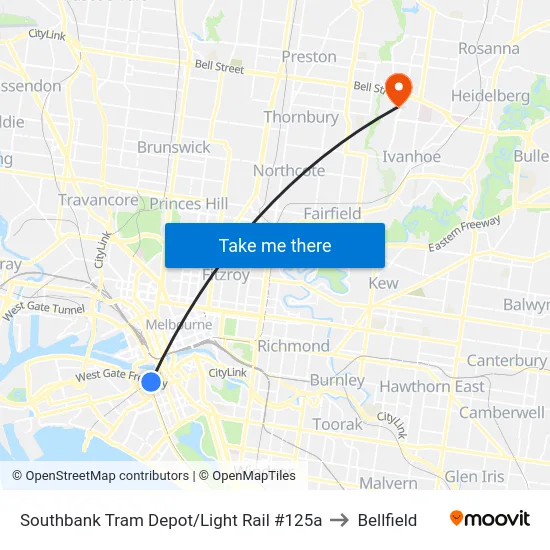 Southbank Tram Depot/Light Rail #125a to Bellfield map
