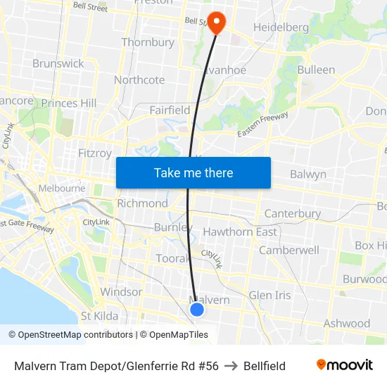 Malvern Tram Depot/Glenferrie Rd #56 to Bellfield map