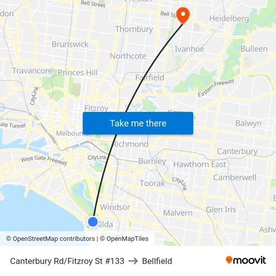 Canterbury Rd/Fitzroy St #133 to Bellfield map