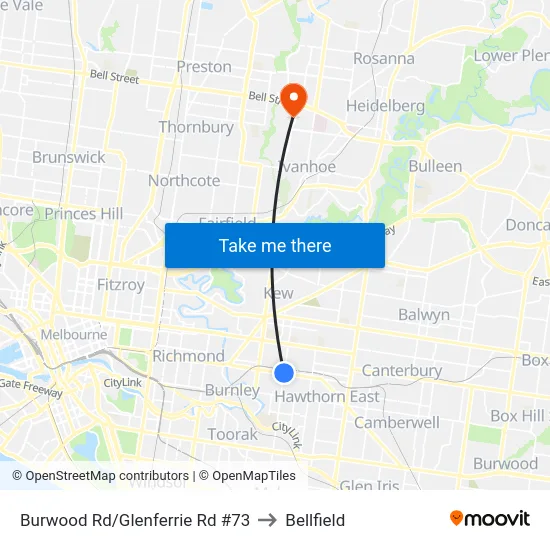 Burwood Rd/Glenferrie Rd #73 to Bellfield map