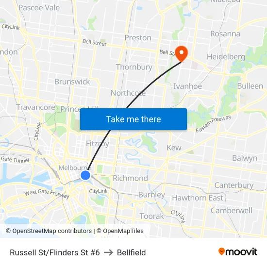 Russell St/Flinders St #6 to Bellfield map
