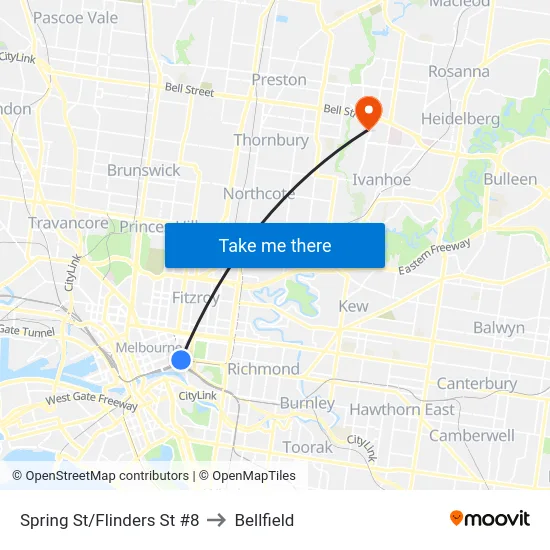 Spring St/Flinders St #8 to Bellfield map