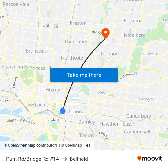 Punt Rd/Bridge Rd #14 to Bellfield map