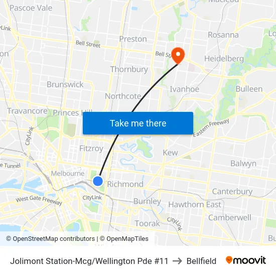 Jolimont Station-Mcg/Wellington Pde #11 to Bellfield map