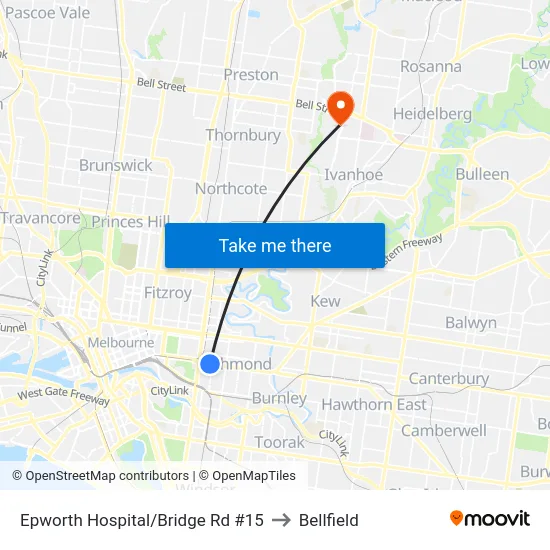 Epworth Hospital/Bridge Rd #15 to Bellfield map