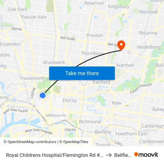 Royal Childrens Hospital/Flemington Rd #19 to Bellfield map