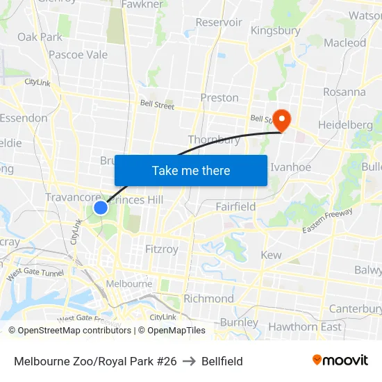 Melbourne Zoo/Royal Park #26 to Bellfield map