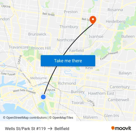 Wells St/Park St #119 to Bellfield map