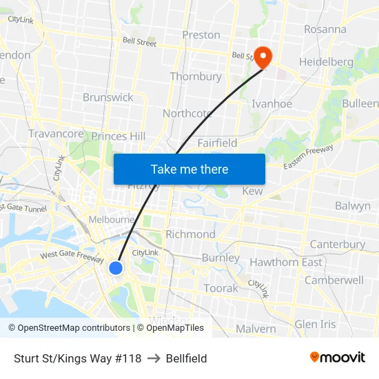 Sturt St/Kings Way #118 to Bellfield map